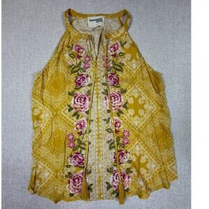 NWT Savanna Jane Women Large Yellow Embroidered Sleeveless Boho Cottagecore Top